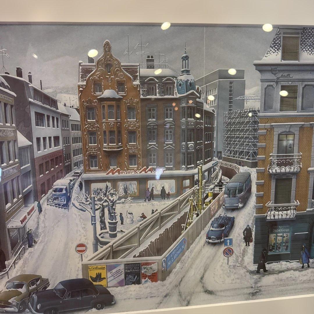 ヨルグミュラー 都市風景 雪景色 アートポスター 額入り 1963 ヴィンテージ