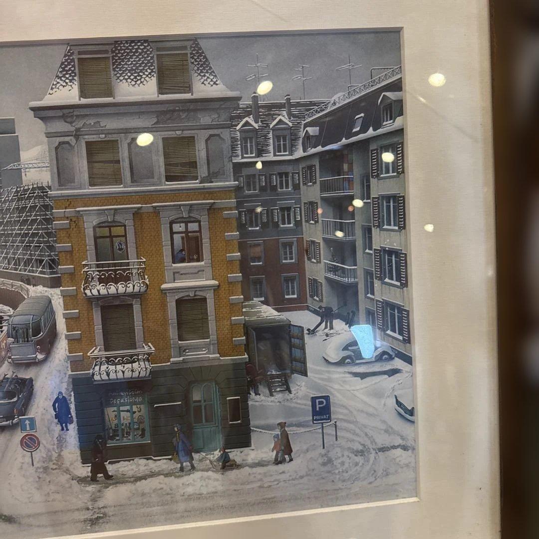 ヨルグミュラー 都市風景 雪景色 アートポスター 額入り 1963 ヴィンテージ