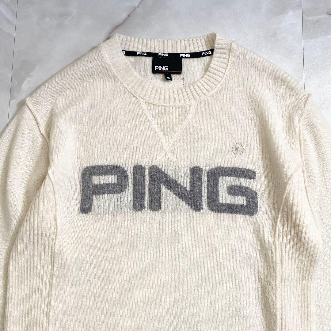 A18610 PING ゴールドライン カシミヤロゴクルーネックニット 白系M