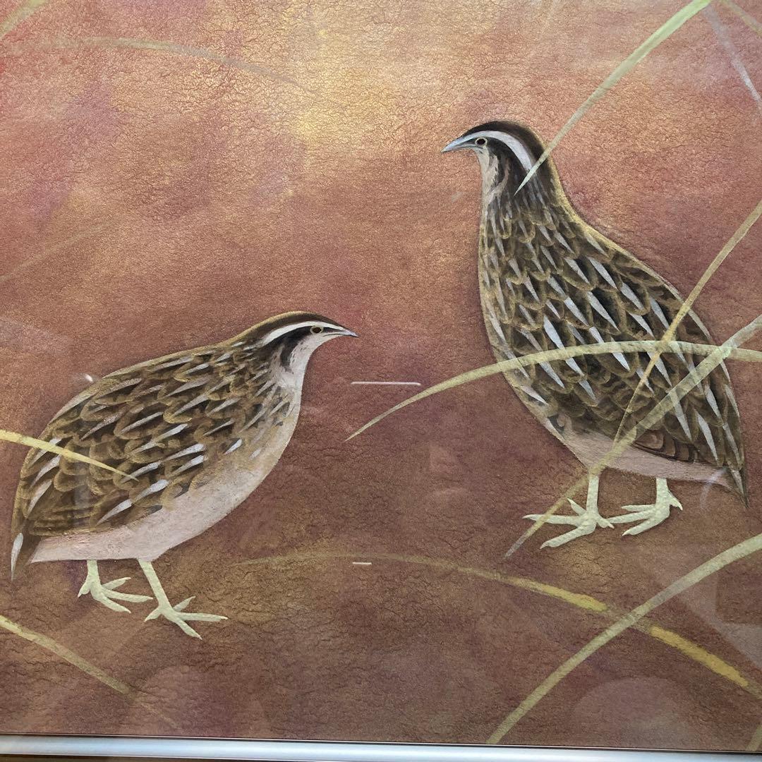 日本画家　河原労夫　題名「鶉」　額縁51.5×60.5絵30.5×39.5cm