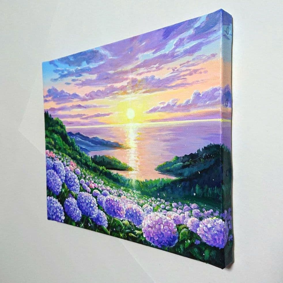 【夕刻の紫陽花】アクリル画 F3 風景画 絵画