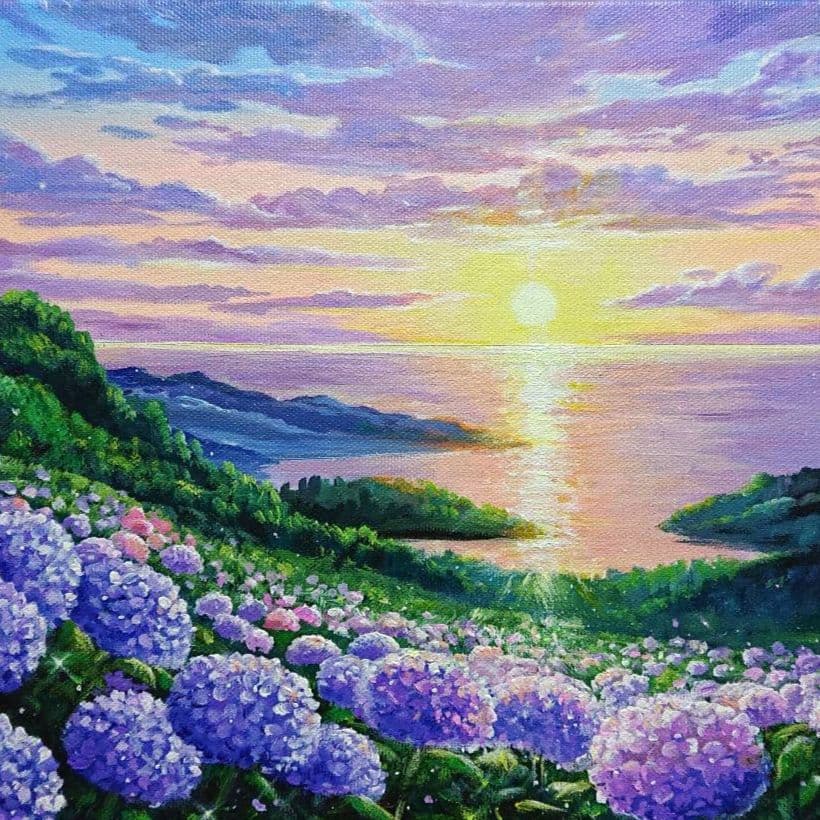 【夕刻の紫陽花】アクリル画 F3 風景画 絵画
