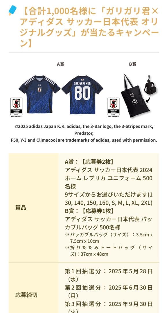 ガリガリ君　adidas y-3 サッカー日本代表　ユニフォーム　当選品
