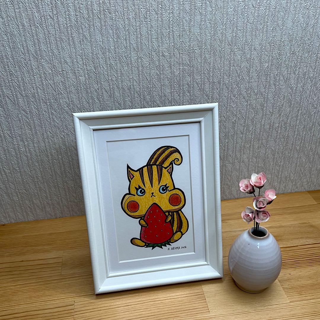 動物 原画 絵 手描き 癒し リス アート 一点物 額縁付き『赤い宝石』