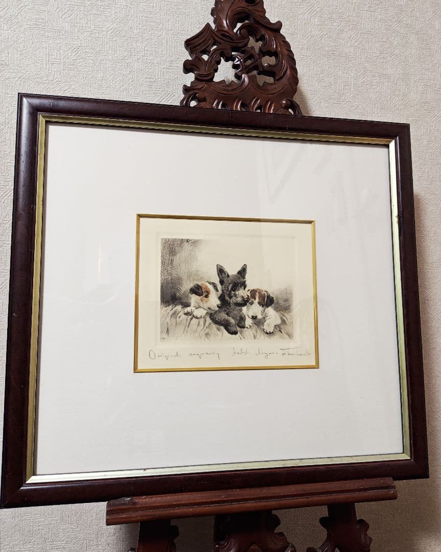 ヴィンテージ銅版画  Meyer Eberhardt 「3匹のテリア犬」
