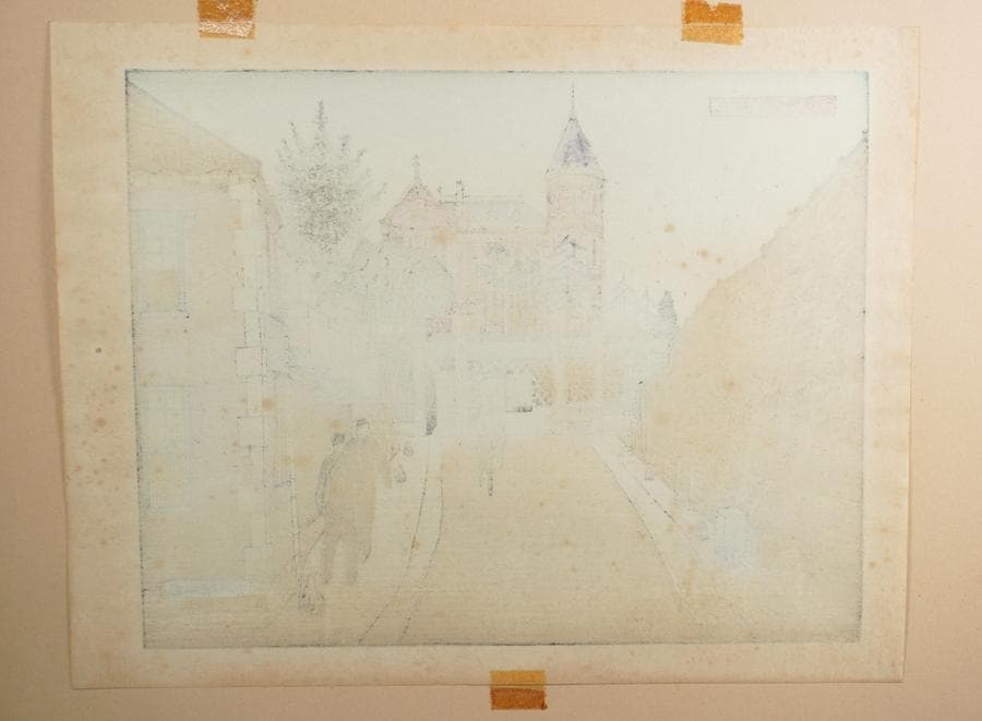 奥山儀八郎 版画作品『三田慶応義塾』 額入り