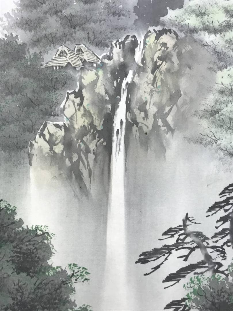 真作/西脇繁華/滝山水釣人図/山水図/釣人図/掛軸☆宝船☆AE-322