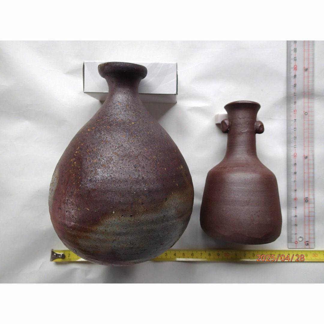 備前焼（かぶら徳利：榊原清人・一輪挿し　耳付：森 大雅？・ぐい呑2点：陶印　有）