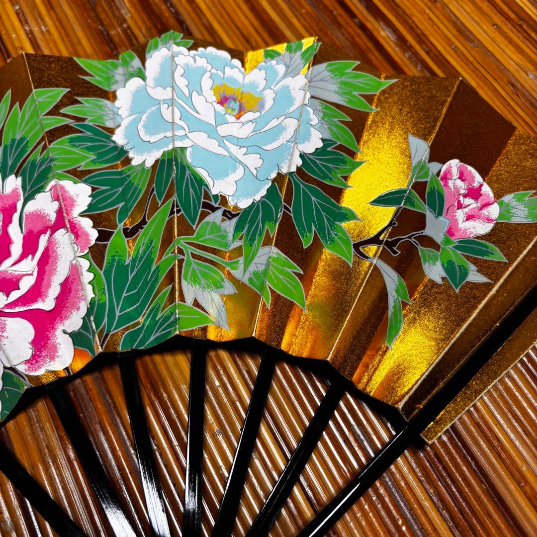舞扇子 金色 牡丹の花　3点