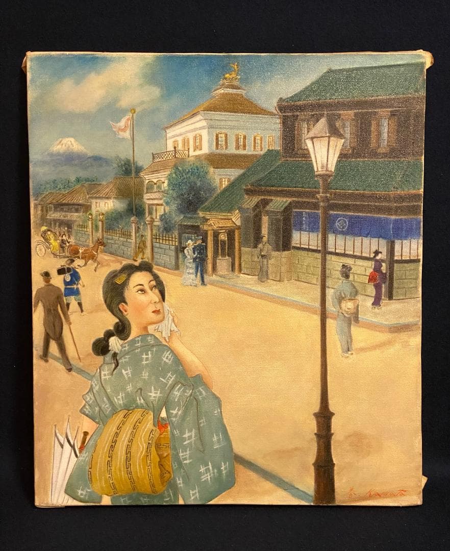 「真作」作者不明　街景画　油絵　油彩画　直筆サイン　額装　F10号