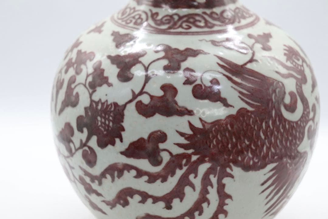 中国　釉裏紅　鳳紋瓶　大明洪武年製銘　高さ34.3cm 送料込み260406
