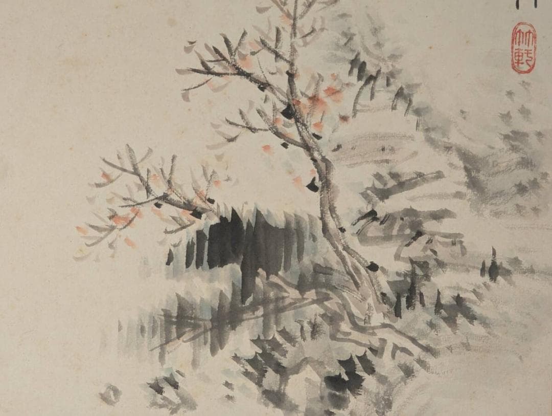 【真作】絵画　日本画（色紙）　梅花山水図　書画作品　W153