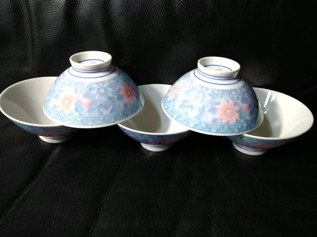 ♥希少６０年前のヴィンテージ品⬛超レア美濃焼・喜泉窯⬛染付・赤絵花柄お茶碗⬛5皿