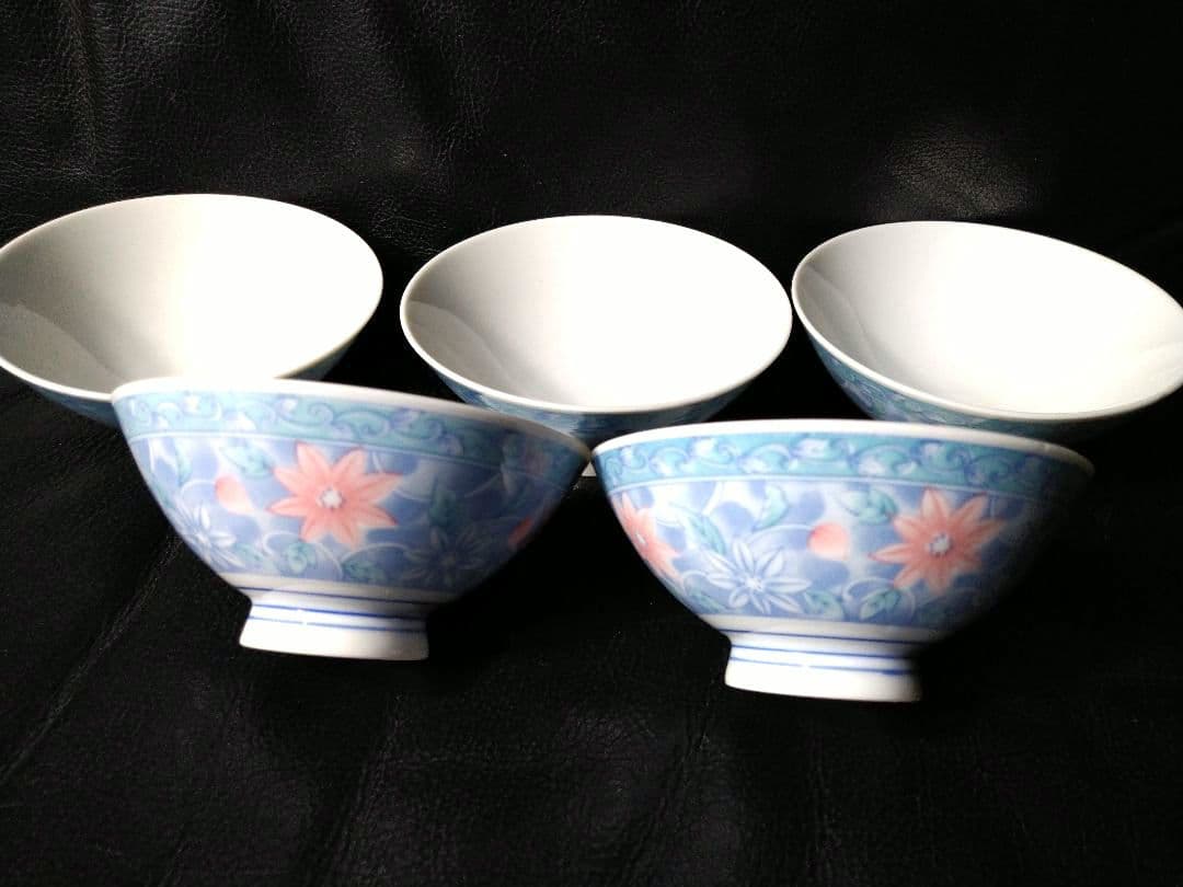 ♥希少６０年前のヴィンテージ品⬛超レア美濃焼・喜泉窯⬛染付・赤絵花柄お茶碗⬛5皿