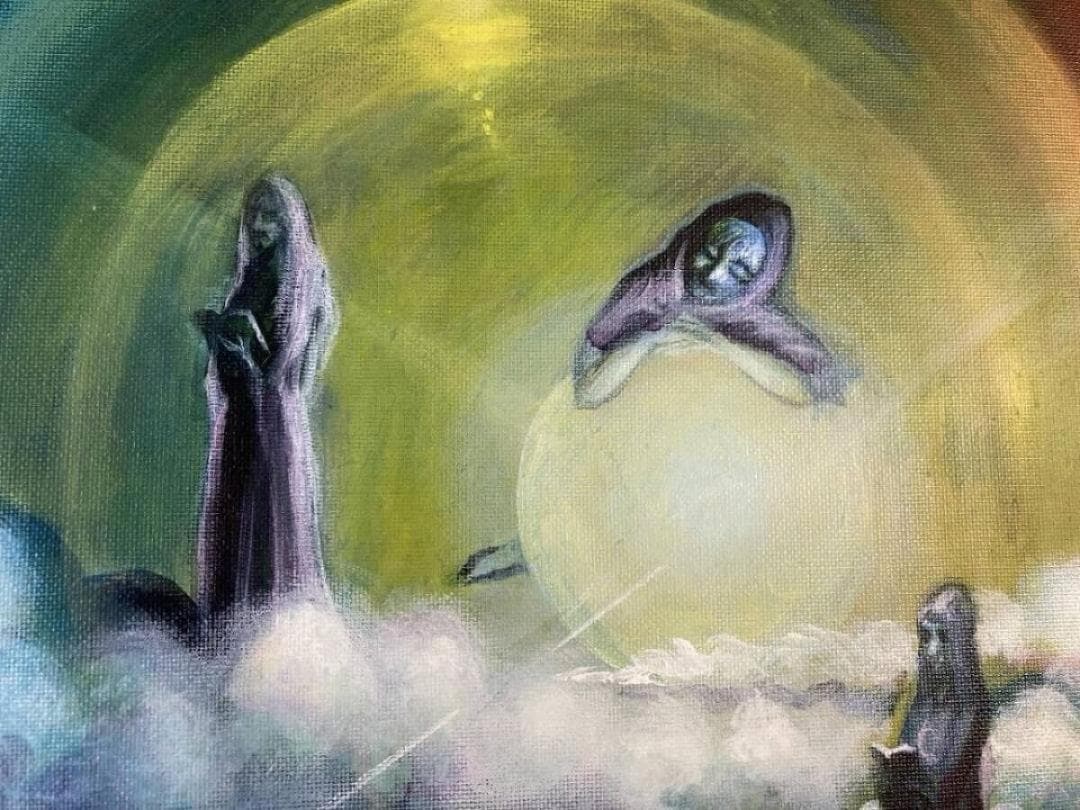 不思議の国 幻想的な油彩画 幻想的な風景をの油彩作品で、色彩豊かで独特な雰囲気
