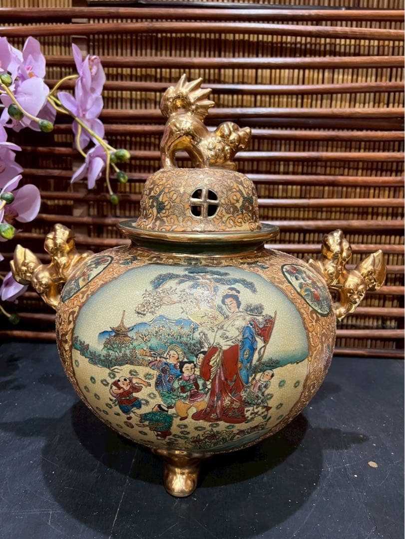 薩摩焼 金襴手色絵金彩 着物美人唐子風景窓絵付 獅子耳大香炉 香炉 アンティーク