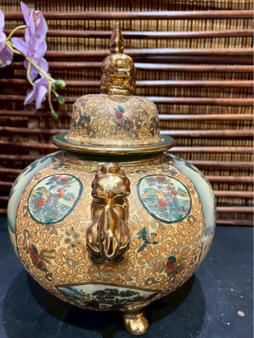 薩摩焼 金襴手色絵金彩 着物美人唐子風景窓絵付 獅子耳大香炉 香炉 アンティーク