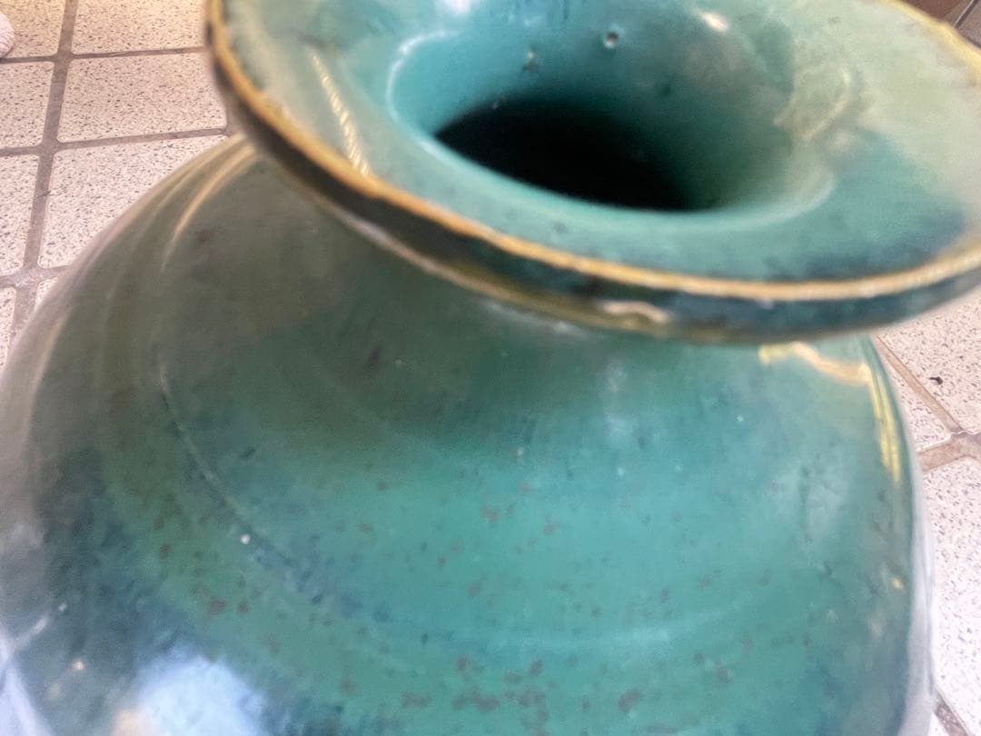新品　未使用　上野焼　岩男元彦窯作　青緑色 陶器 花瓶 中型 木箱付き