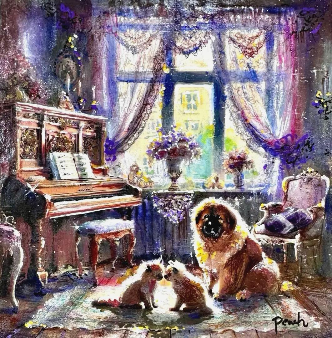 絵画原画《アメジストの守護音》ピアノのある室内の絵　守護犬天然石collage