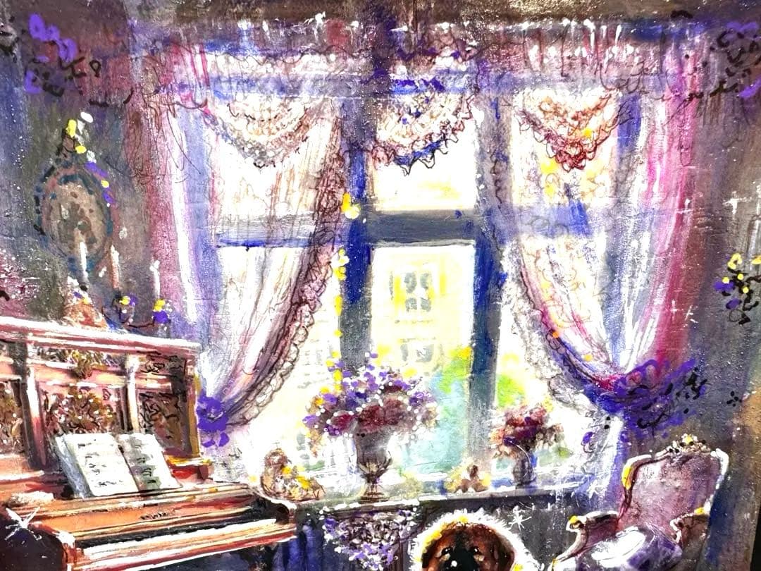 絵画原画《アメジストの守護音》ピアノのある室内の絵　守護犬天然石collage