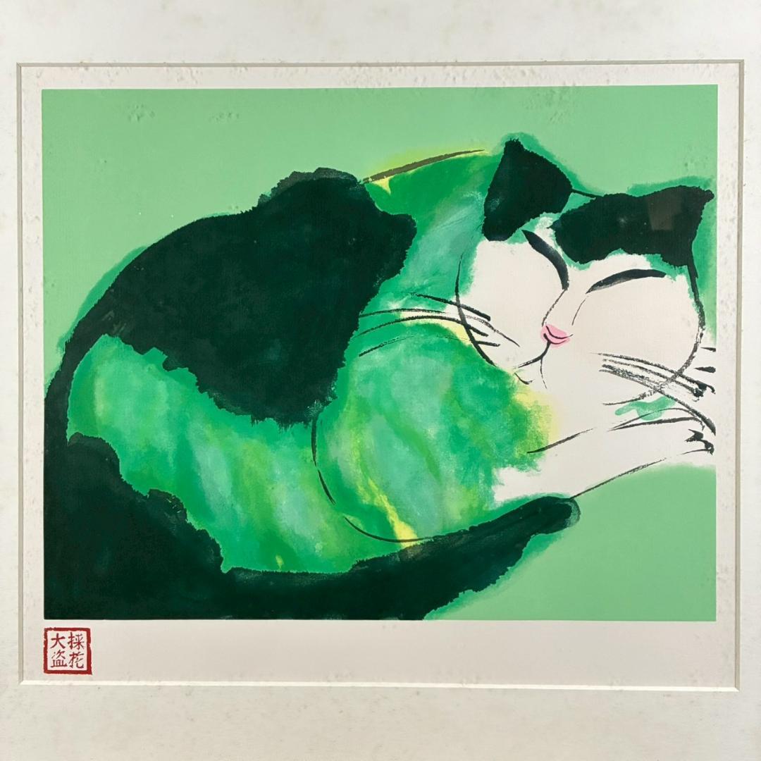 ウォレス・ティン「Green Cat」リトグラフ 印章有 丁雄泉 猫 ネコ