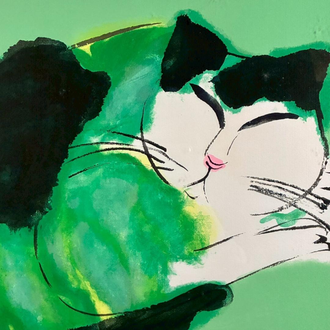 ウォレス・ティン「Green Cat」リトグラフ 印章有 丁雄泉 猫 ネコ