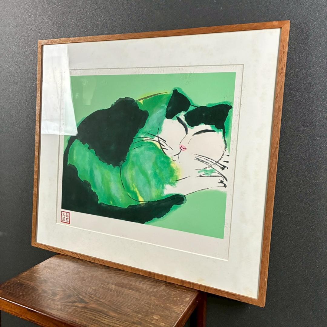 ウォレス・ティン「Green Cat」リトグラフ 印章有 丁雄泉 猫 ネコ