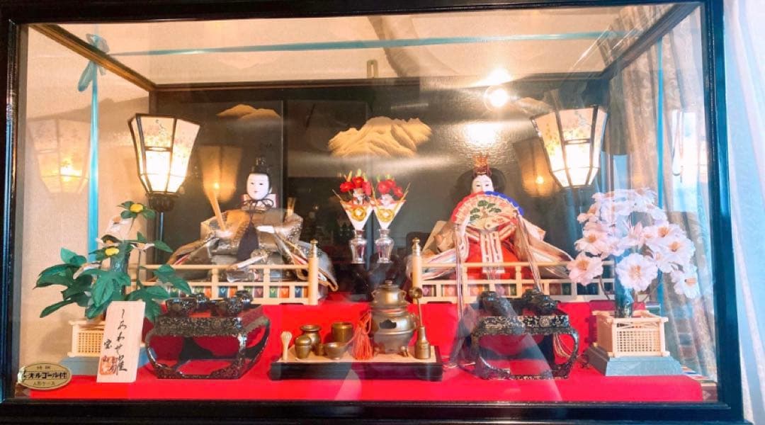 美品★親王飾★しあわせ雛★オルゴール付き　ひな人形　宝山作　ガラスケース飾り