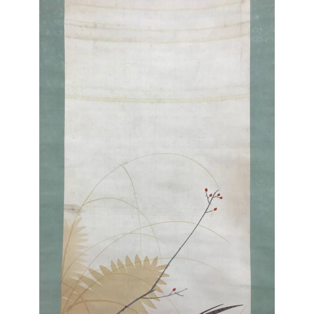 真作/焦麗/雉に草花図/秋の掛軸/花鳥図/掛軸/名家伝来/AK-357