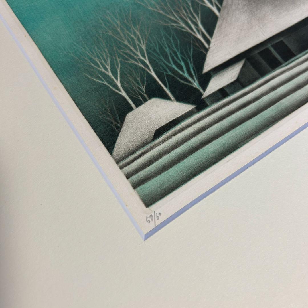 坂本好一 銅版画 メゾチント 寒い村　57/60 静かな冬景色の巨匠 逸品