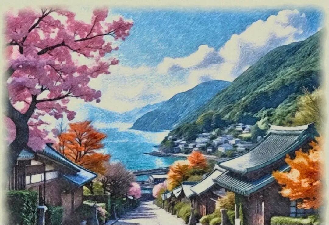 ジブリアート③崖の上のポニョより「坂の上の湊町」額装品32.7㎝×24.0㎝