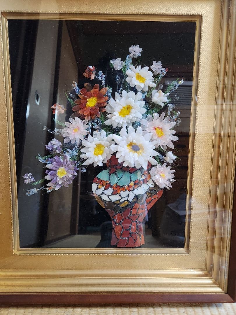額 花瓶の花　天然石と貝殻によるモザイクアート