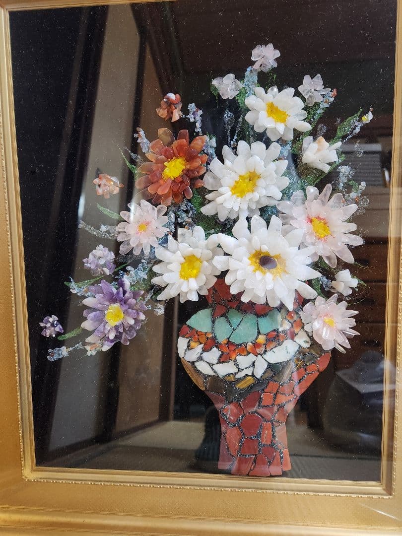 額 花瓶の花　天然石と貝殻によるモザイクアート