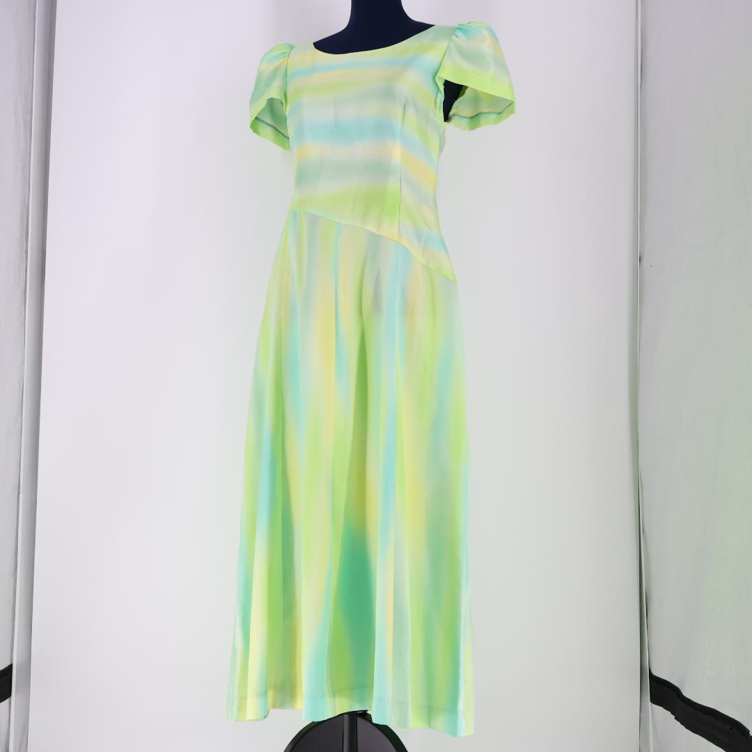 【美品 フラダンス用衣装】グリーン×水色 ワンピースドレス シンプル イエロー