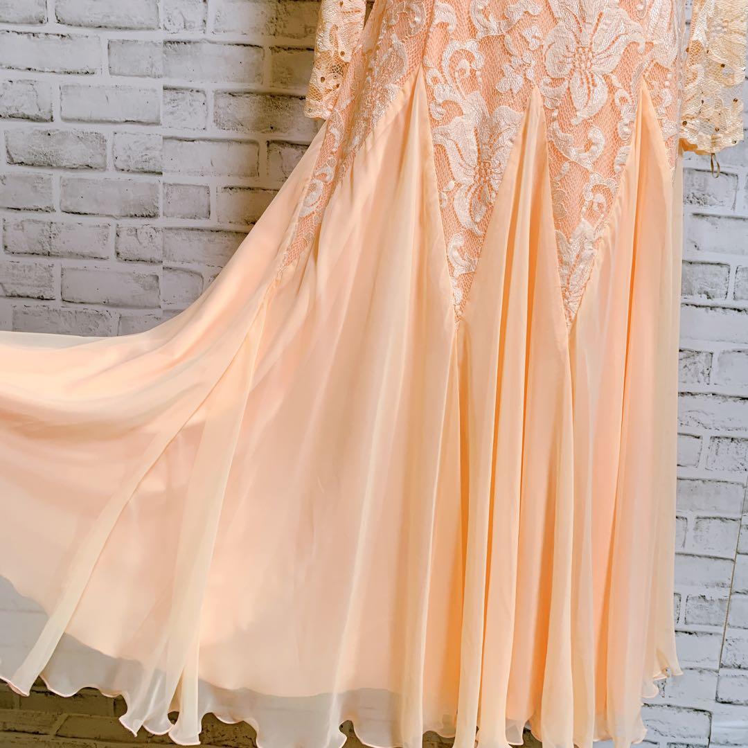 社交ダンス衣装　花柄レース　ラインストーン　オレンジ系　ドレス