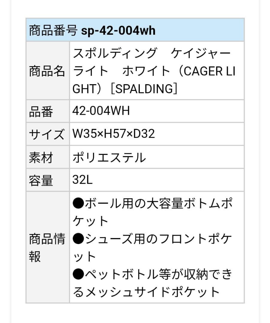 SPALDING ケイジャーライト白　 バスケ用バッグ