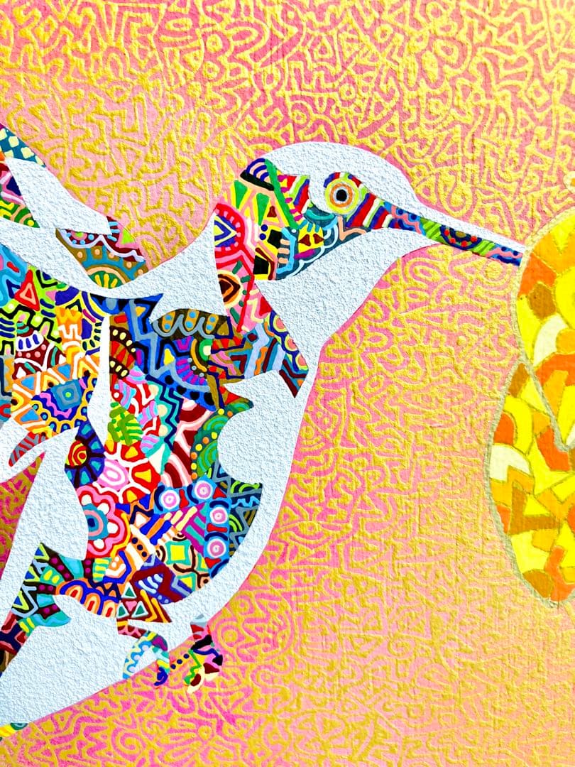 原画　ハチドリ　動物画　絵画　アクリル画　現代アート　細密画　手描き　一点物