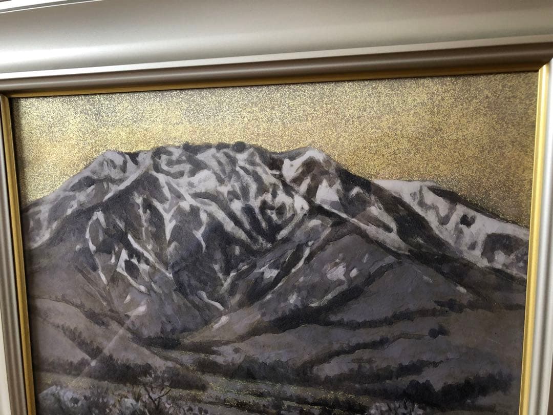日本画 山の風景 金色背景 60cm x 50cm 「八海山」
