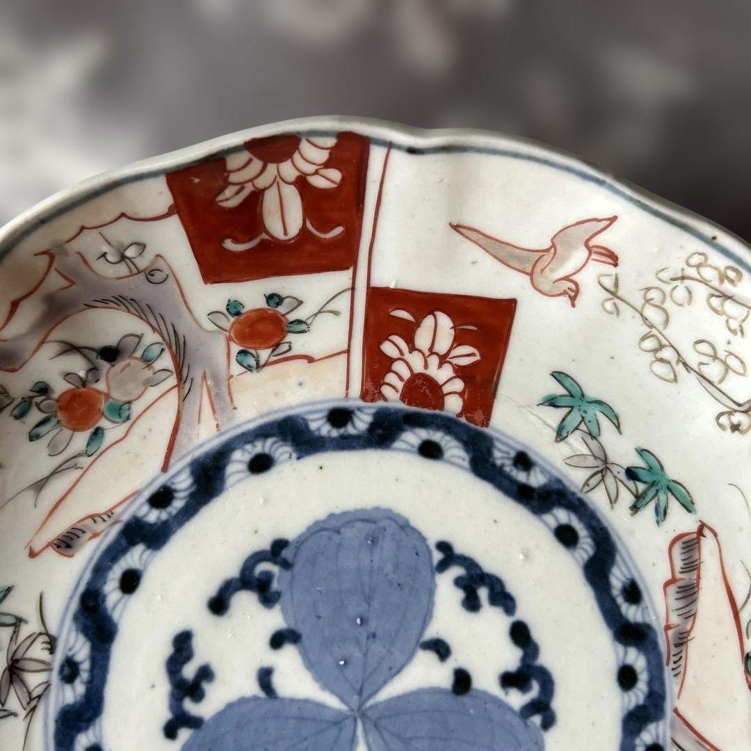 古伊万里　骨董　アンティーク　赤絵白梅文輪花7寸皿　2枚セット