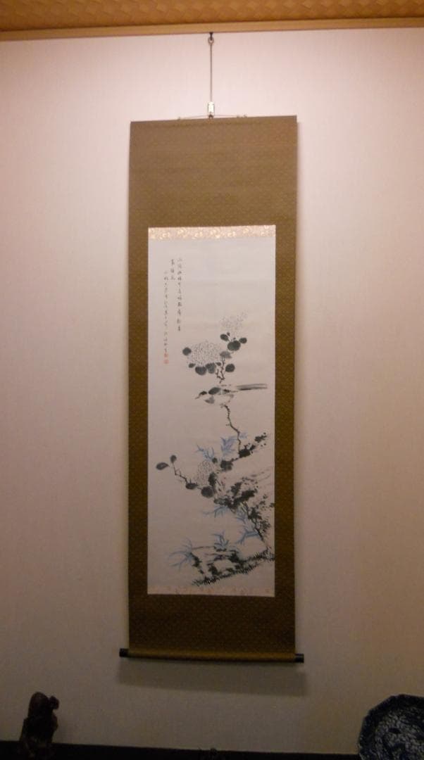 掛け軸 田能村竹田 花鳥 絹本 名品 複製 希少 軸装 茶道具 掛軸 美品 です