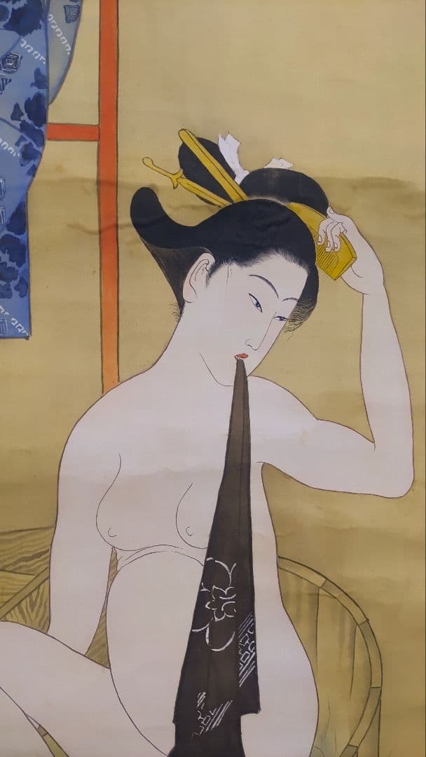 ご希望額まで値下げ～@裸の着物女性 風呂・涼み 肉筆掛軸2本 春画性風俗画
