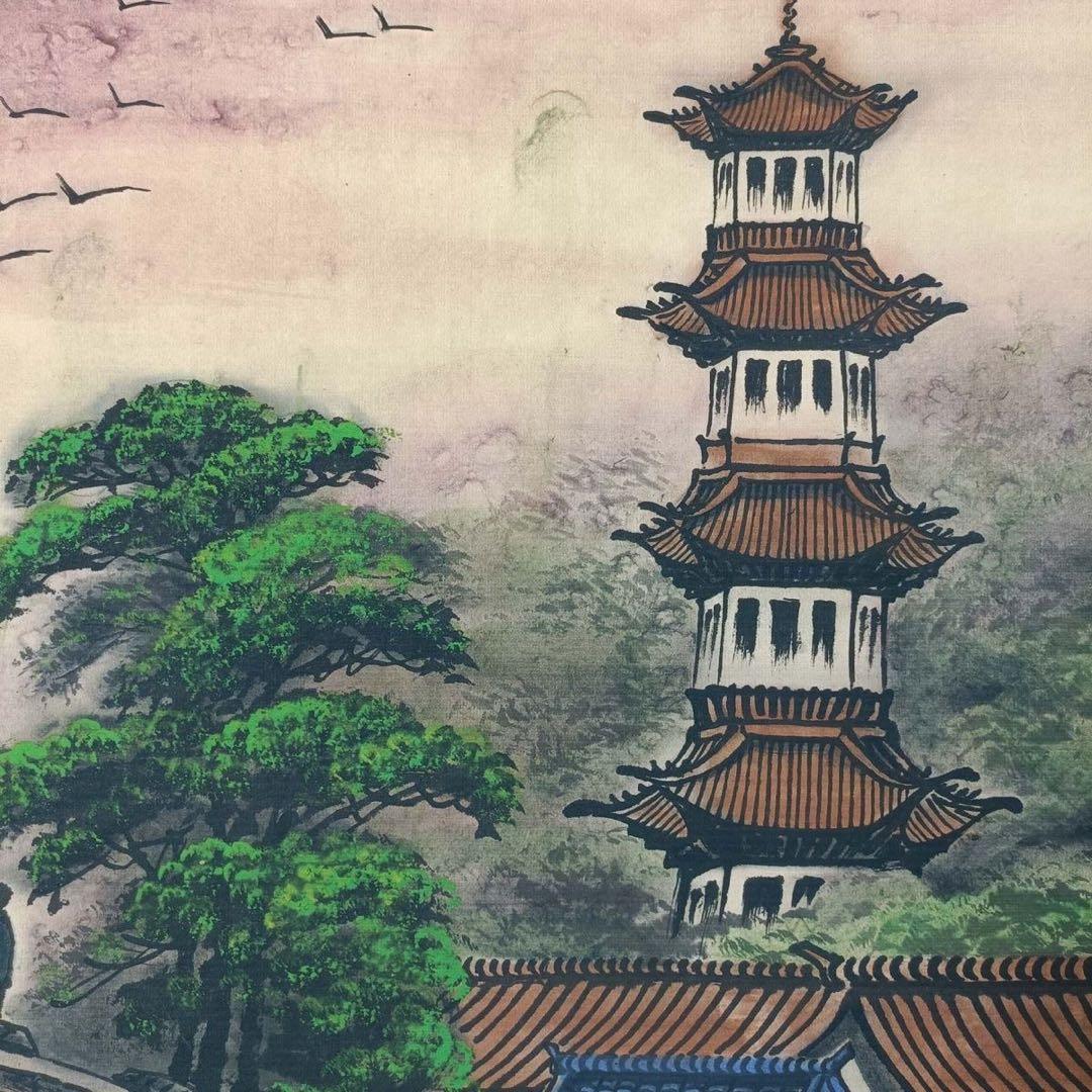 郎世寧 山水画 掛け軸 中堂 山水図 中国画 表装済 サイズ：70×173cm