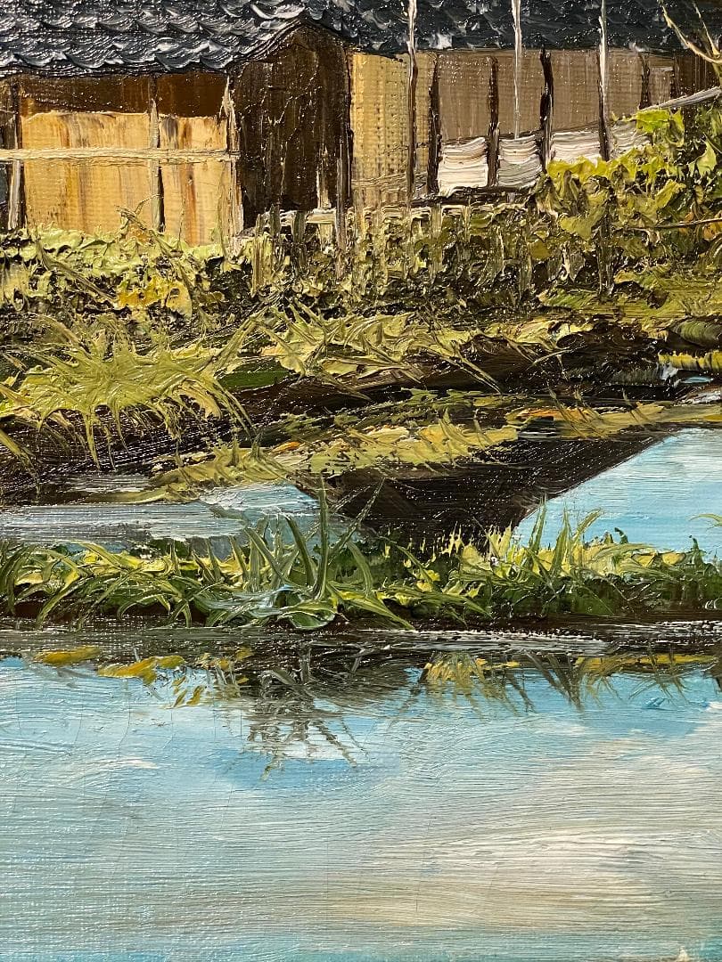 「真作」北川照生「藤橋の山村」風景画　油彩画　額装　サイン有り　F8号