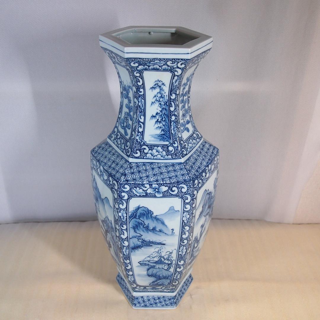 【未使用】中国 景徳鎮製 山水文 六角 花瓶/花器/フラワーベース 飾り壺 磁器
