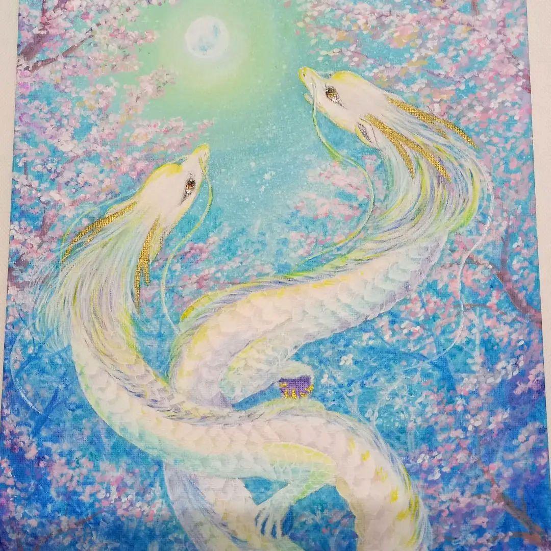 No.478 F4 キャンバス龍神　白龍　虹龍　桜　開運絵画