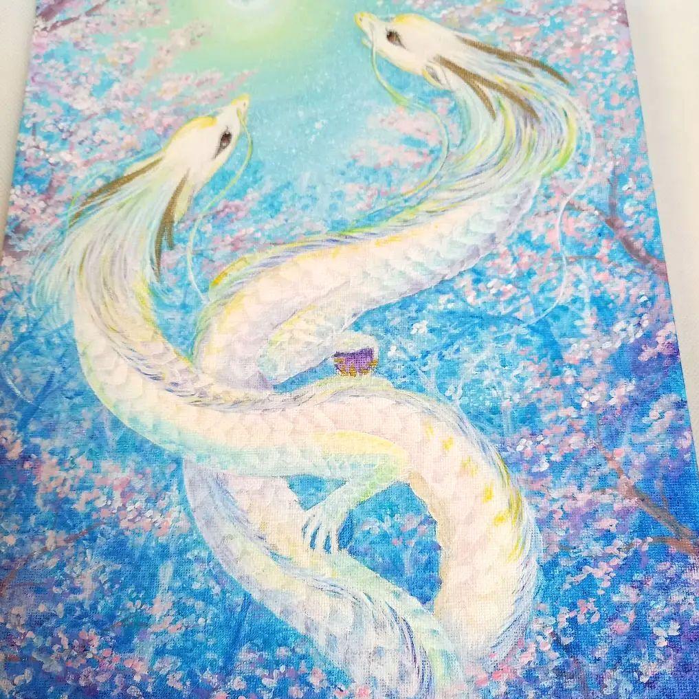 No.478 F4 キャンバス龍神　白龍　虹龍　桜　開運絵画