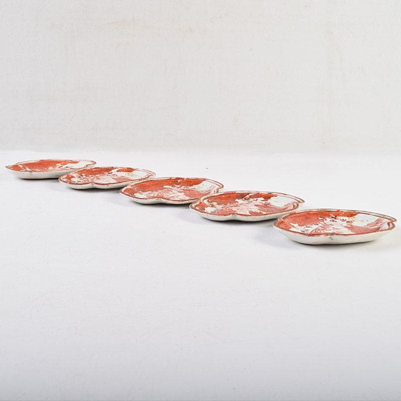 九谷焼　古九谷　赤絵人物文　木瓜形　菓子器　菓子皿　五客　時代箱　D　R9554