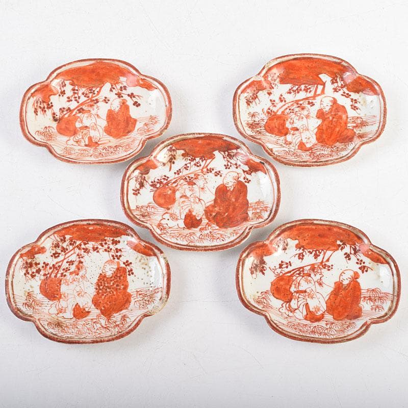九谷焼　古九谷　赤絵人物文　木瓜形　菓子器　菓子皿　五客　時代箱　D　R9554