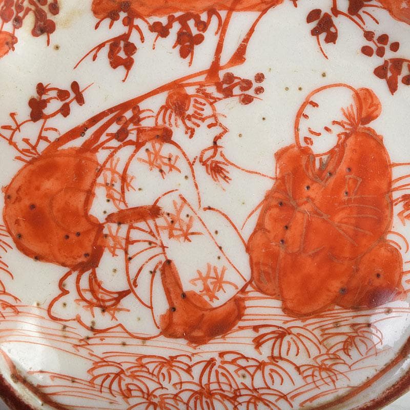 九谷焼　古九谷　赤絵人物文　木瓜形　菓子器　菓子皿　五客　時代箱　D　R9554