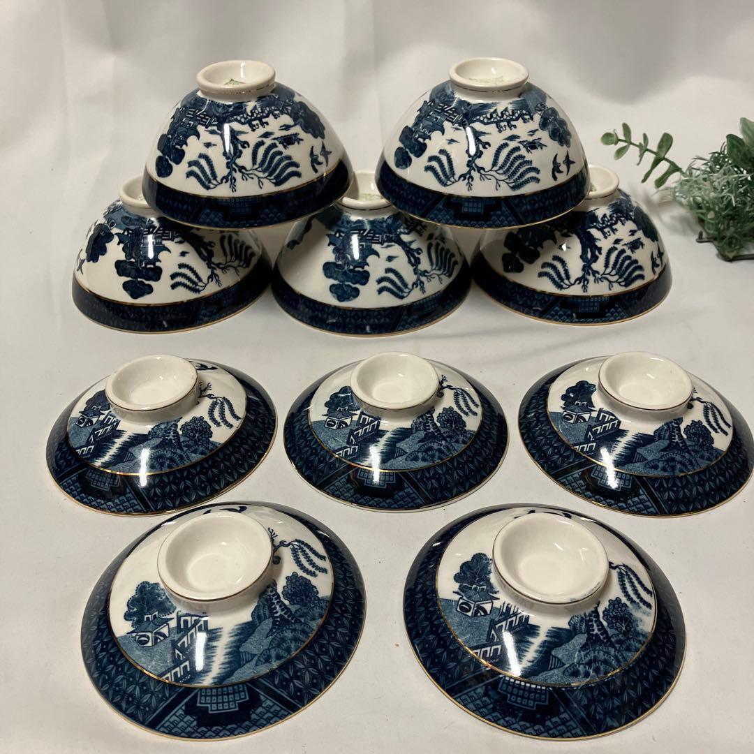 ニッコー　ダブルフェニックス　蓋つき茶碗5客　ウィローパターン　山水　レトロレア